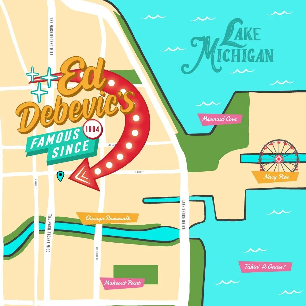 Map showing Ed Debevic's location at 159 E Ohio St in Streeterville, Chicago (opens Google Maps in a new tab)