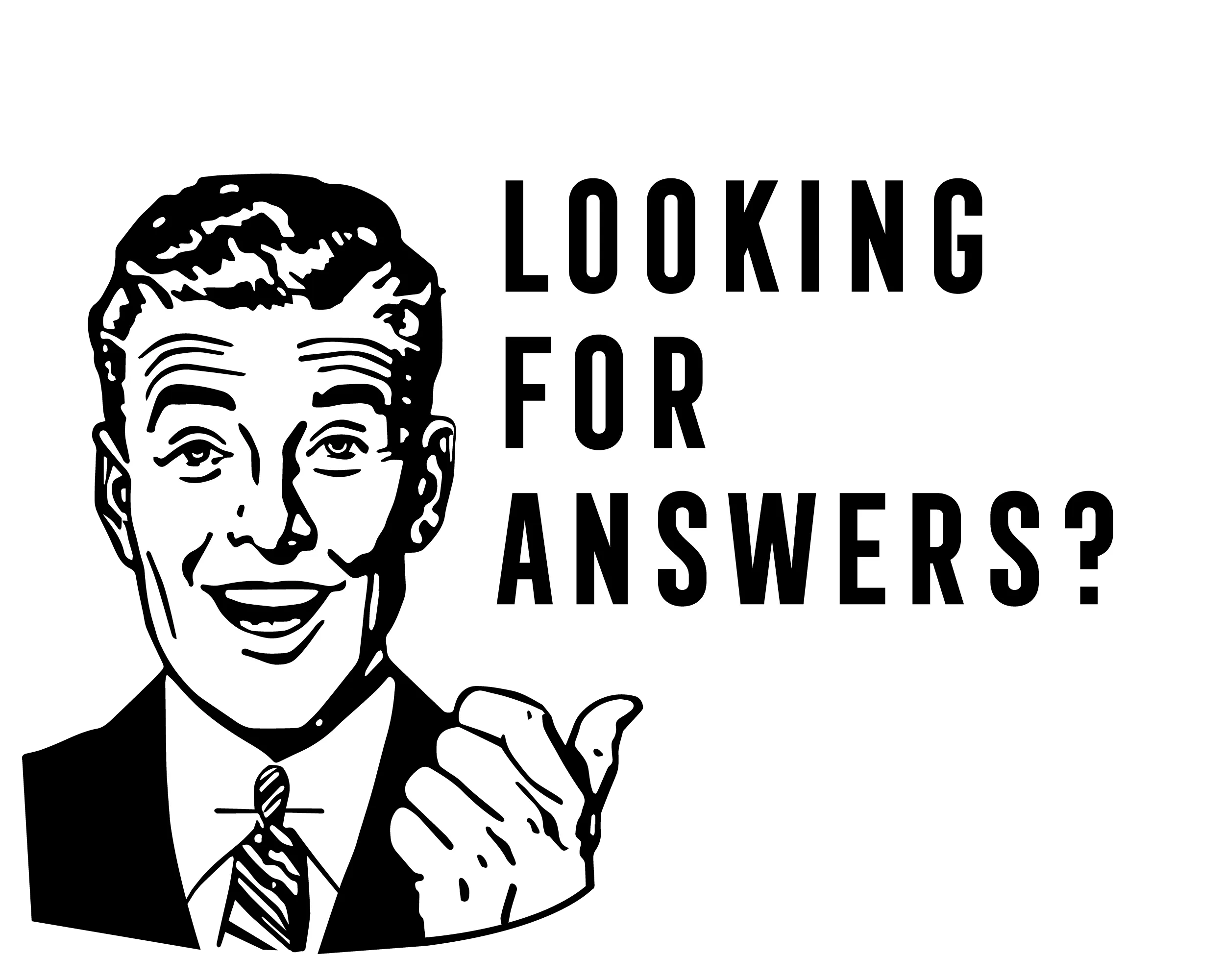 Retro cartoon man pointing with speech bubble saying Looking for Answers at Ed Debevic's 1950s diner Chicago FAQ section